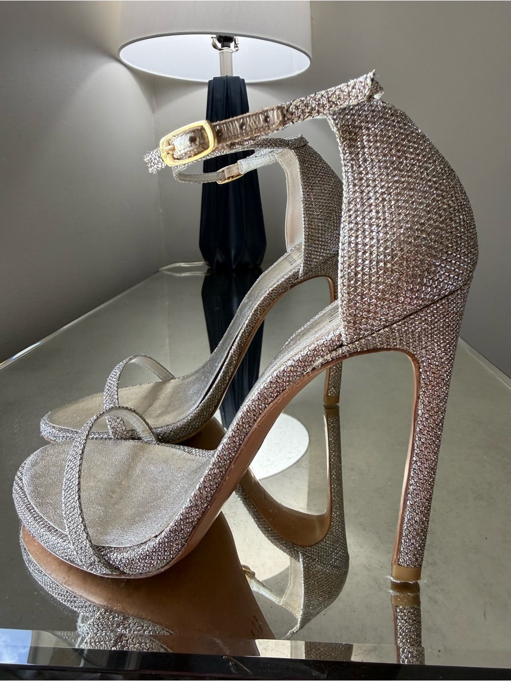 Stuart Weitzman Silver Glitter Ankle-Strap Stiletto Heels